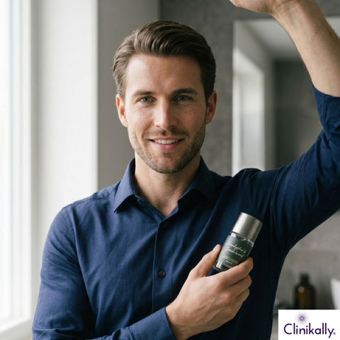 Man using underarm roll-on deodorant