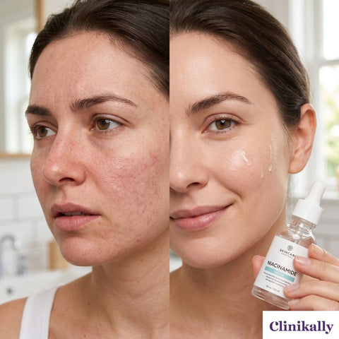 Before-after niacinamide serum results for sensitive skin.