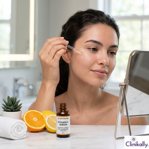 Woman applying vitamin C serum for oily skin skincare routine