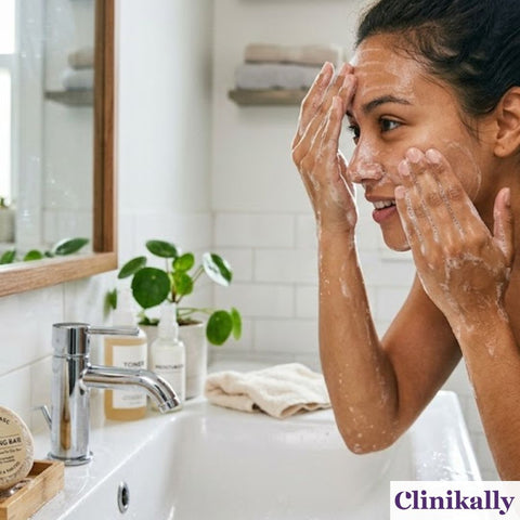 Women washing oily face with soap