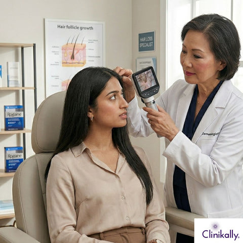A dermatologist assessing a patient hair.
