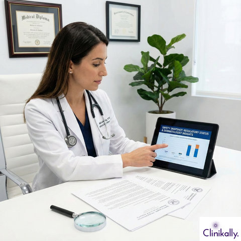 Dermatologist showing safety report on tablet