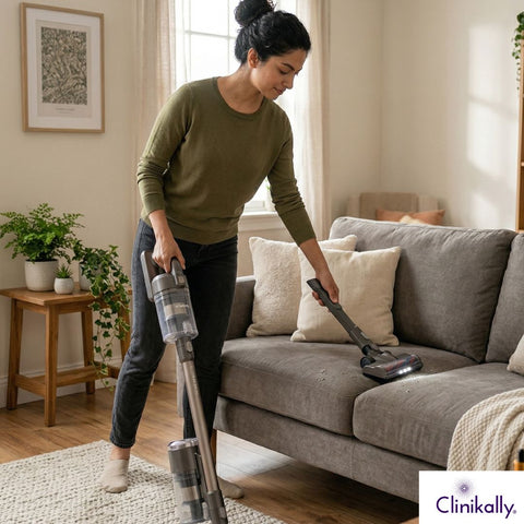 A woman clearing her home with a vacuum cleaner.