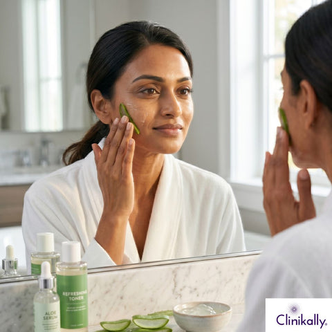 A women applying aloe vera gel on her face