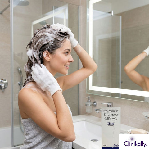 A woman washing her hair with Ivermectin