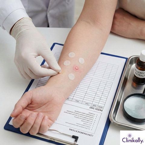 Doctor performing patch test on arm
