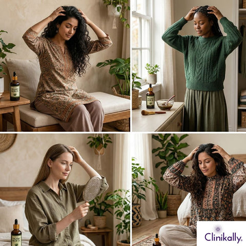 Women from different origins massaging their scalp with Neem Oil.