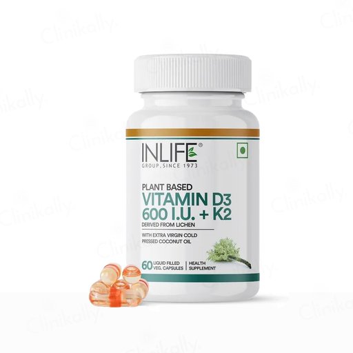 Inlife Plant Based Vitamin D3 600 I.U. + K2 Liquid Filled Vegetarian Capsule