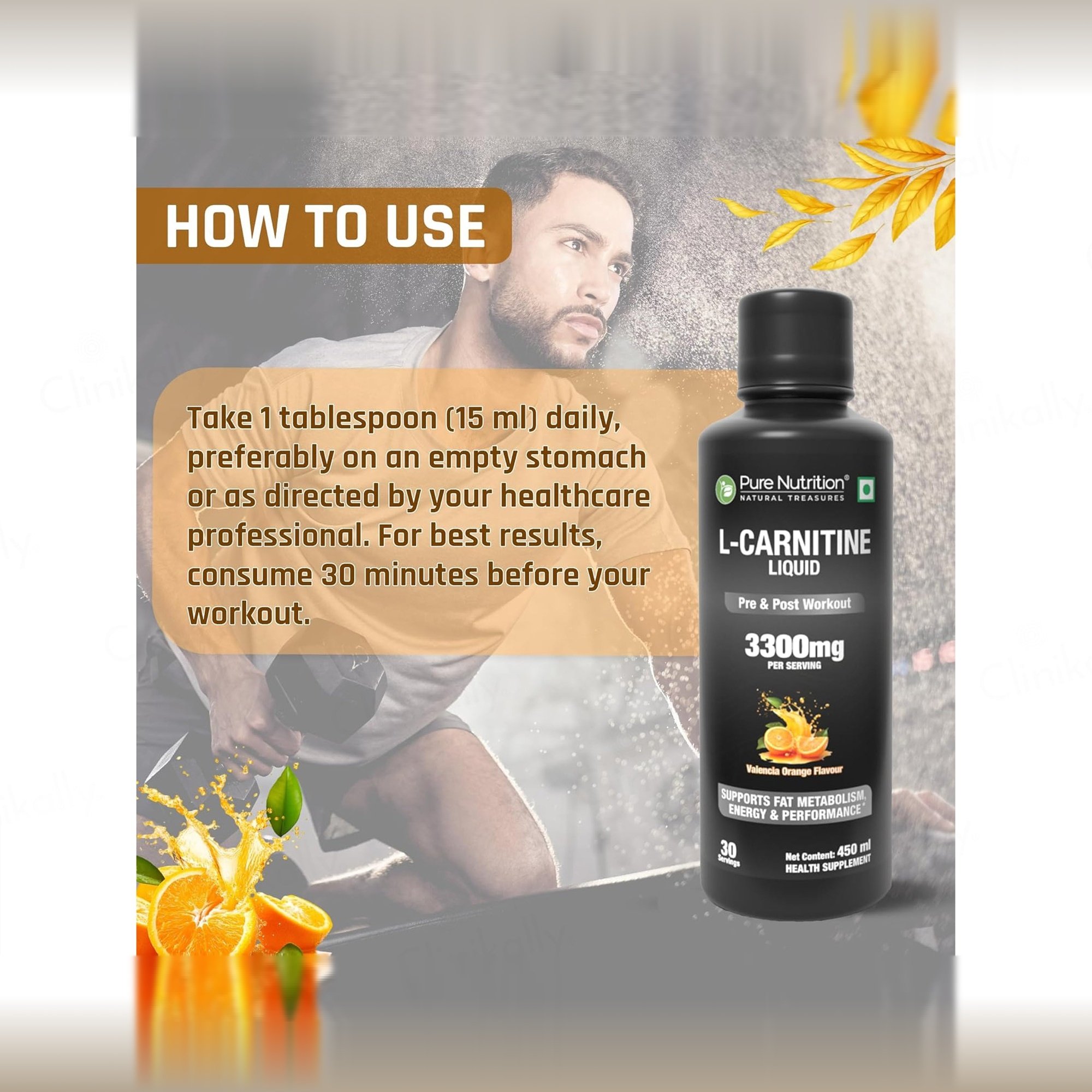 Buy Pure Nutrition L-Carnitine 3300mg Pre & Post Workout Liquid - Valencia Orange Flavour Online at Best Price