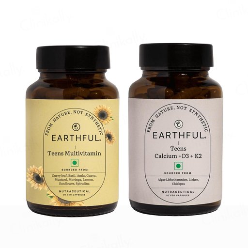 Earthful Multivitamin, Calcium + D3 + K2 Nutraceutical Veg Capsule Combo Kit For Teens